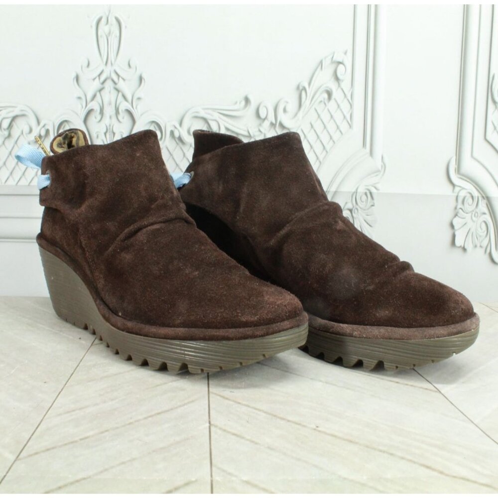 Fly London Yebi Brown Suede Slip On Round Toe Wedge Ankle Boots Size 10 - Picture 3 of 9